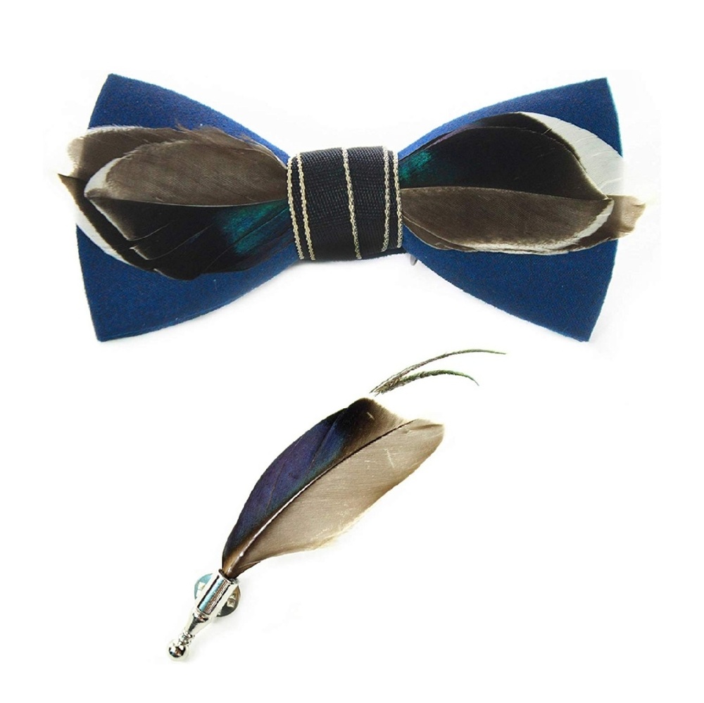Mens Natural Feather Pre-Tied Bow tie & Lapel Pin